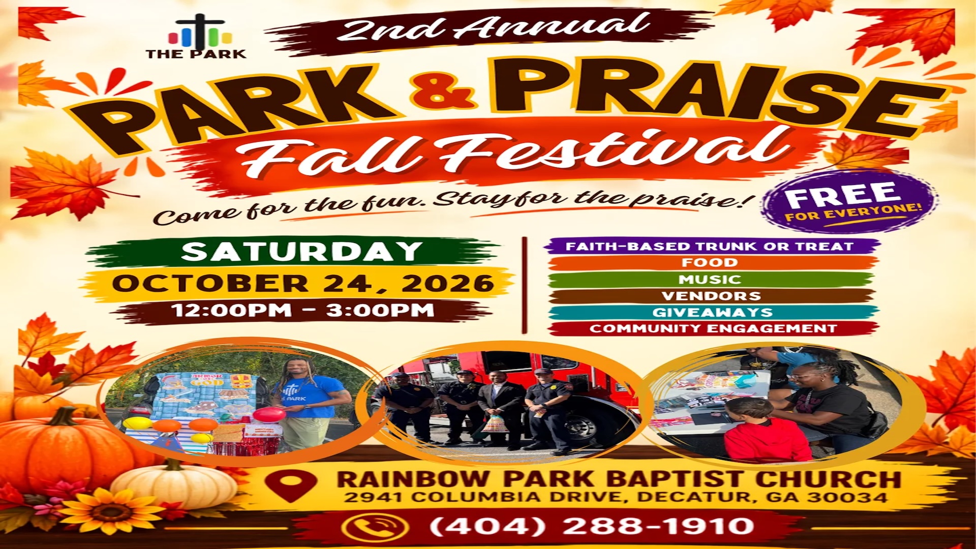 Park & Praise Fall Festival flyer: Saturday, October 24, 2026, noon to 3 PM at Rainbow Park Baptist Church. Free for everyone.